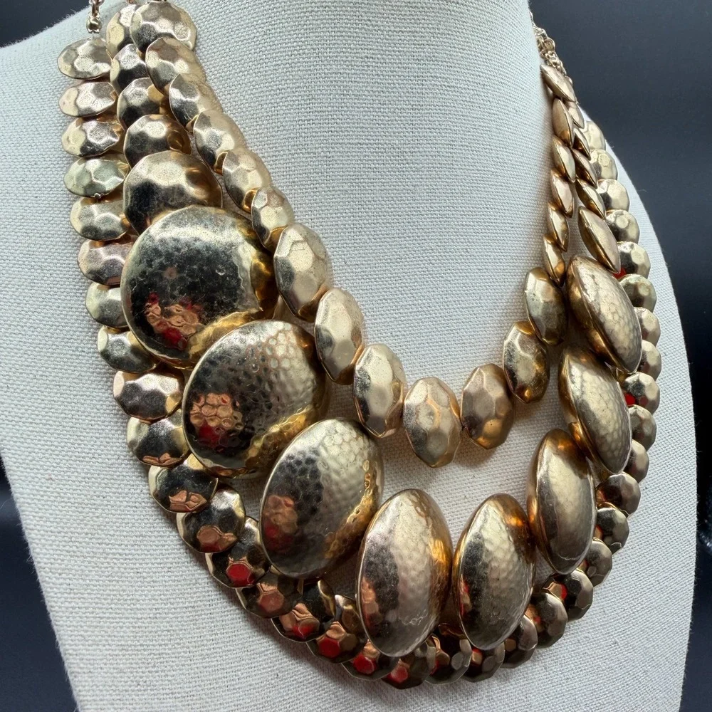 Gold Tone Hammered Disc Multi Strand Statement Bib Necklace Bold Chunky Layered